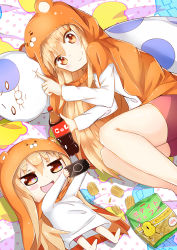 Rule 34 | 10s, 2girls, barefoot, blonde hair, blush, blush stickers, chibi, chips (food), cola, doma umaru, dual persona, food, hamster costume, handheld game console, happy, highres, himouto! umaru-chan, indoors, komaru (himouto! umaru-chan), long hair, looking at viewer, lying, multiple girls, necolumbus, on back, on side, open mouth, orange eyes, pillow, playstation portable, potato chips, smile, sylphine, very long hair