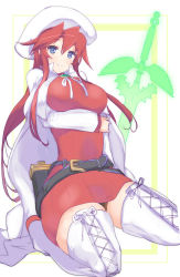 Rule 34 | 1girl, aty (summon night), belt, beret, blue eyes, boots, breast hold, breasts, cape, cross-laced footwear, hair between eyes, hat, highres, lace-up boots, large breasts, leaning back, long hair, long sleeves, looking at viewer, oi ke, red hair, seiza, sitting, smile, solo, summon night, summon night 3, sweater, thigh boots, thighhighs, white cape, white footwear, white thighhighs