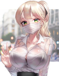 Rule 34 | 1girl, blonde hair, bow, bra, bra visible through clothes, bralines, breasts, button gap, green eyes, hair bow, highres, large breasts, mask, mouth mask, office lady, original, ponytail, see-through, shirosaba, shirt, underwear, v, wet, wet clothes, wet shirt