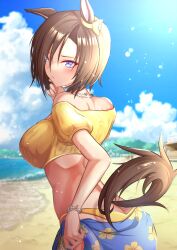 Rule 34 | 1girl, absurdres, air groove (umamusume), alternate costume, animal ears, ass, beach, bikini, blue sky, blush, bracelet, breasts, brown hair, butt crack, cloud, cloudy sky, commentary request, ear ornament, eve on k, highres, horse ears, horse girl, horse tail, jewelry, large breasts, looking at viewer, looking back, nape, necklace, ocean, off-shoulder shirt, off shoulder, outdoors, puffy short sleeves, puffy sleeves, purple eyes, sand, shirt, short hair, short sleeves, sky, solo, swimsuit, tail, umamusume, water, yellow bikini, yellow shirt