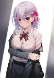 Rule 34 | 1girl, black bra, black jacket, black skirt, blush, bow, bowtie, bra, bra visible through clothes, breasts, button gap, cleavage, collared shirt, commentary request, dress shirt, fate/grand order, fate (series), hair ribbon, harimoji, jacket, kama (fate), large breasts, long sleeves, off shoulder, open clothes, open jacket, parted lips, pink ribbon, plaid, plaid bow, plaid bowtie, plaid neckwear, pleated skirt, purple hair, red bow, red bowtie, red eyes, ribbon, school uniform, see-through, shirt, short hair, skirt, smile, solo, underwear, undressing, water, wet, wet clothes, wet hair, wet shirt, white shirt, wing collar