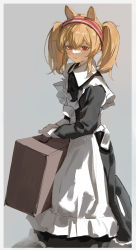 Rule 34 | 1girl, absurdres, alternate costume, angelina (arknights), animal ears, apron, arknights, black dress, blonde hair, border, dress, enmaided, feet out of frame, fox ears, grey background, hairband, highres, holding, holding suitcase, long hair, maid, parted lips, red eyes, red hairband, rosehip t72, sidelocks, simple background, smile, standing, suitcase, twintails, white apron, white border