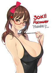 Rule 34 | 1girl, artist name, bare shoulders, bobobong, bow, breasts, brown eyes, brown hair, cleavage, closed mouth, collarbone, commentary, earrings, fingernails, glasses, hair bow, hair ornament, hairclip, hand up, heart, heart hair ornament, highres, jewelry, large breasts, lips, long hair, looking at viewer, original, pulling own clothes, semi-rimless eyewear, shiny skin, signature, simple background, sleeveless, upper body, white background