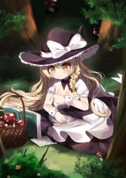 Rule 34 | 1girl, apron, basket, black bow, black collar, black hat, black skirt, blonde hair, blush, book, bow, braid, breasts, cleavage, cleavage cutout, closed mouth, clothing cutout, collar, commentary, fly agaric, full body, grass, hair between eyes, hair bow, hair ornament, hat, hat bow, highres, kirisame marisa, large breasts, lips, long hair, mushroom, no noru, open book, outdoors, reading, shirt, single braid, skirt, smile, solo, star (symbol), star hair ornament, touhou, tree, waist apron, white apron, white bow, white shirt, witch hat, wrist cuffs, yellow eyes