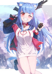Rule 34 | 1girl, absurdres, animal ear fluff, animal ears, apex legends, bare shoulders, black footwear, black jacket, blue hair, blush, breasts, cat ears, cat girl, cat tail, cleavage, cleavage cutout, clothing cutout, commentary request, drawstring, explosive, grenade, grin, gun, hands up, heart cutout, highres, holding, holding gun, holding weapon, hood, hood down, hoodie, jacket, long hair, long sleeves, looking at viewer, masaki (msk064), medium breasts, off shoulder, one eye closed, open clothes, open jacket, plivyou, puffy long sleeves, puffy sleeves, red eyes, shikai yue, shoes, sleeveless, sleeveless hoodie, smile, solo, tail, very long hair, virtual youtuber, weapon, weapon request, white hoodie
