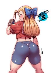 Rule 34 | 1girl, antenna hair, ass, bike shorts, blonde hair, blush, bow, capcom, fingerless gloves, from behind, gloves, hair bow, hair slicked back, highres, jiggle, kanzuki karin, long hair, looking at viewer, looking back, red eyes, shiny clothes, shiny skin, simple background, solo, street fighter, street fighter zero (series), sweatdrop, thong, tukiwani, white background