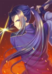 Rule 34 | 1boy, bishounen, blue eyes, blue hair, fate/stay night, fate (series), floating hair, from behind, grey ribbon, hair ribbon, holding, holding sword, holding weapon, katana, long hair, long sleeves, looking at viewer, male focus, minamo25, ribbon, sasaki kojirou (fate), smile, solo, sword, upper body, very long hair, weapon