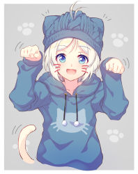 Rule 34 | .live, 1girl, :d, ^^^, animal hat, animal print, antenna hair, arms up, beanie, blonde hair, blue eyes, blush, border, cat hair ornament, cat print, cat tail, drawstring, hair ornament, hat, highres, hood, hood down, hoodie, long sleeves, motion lines, open mouth, parted bangs, paw pose, paw print, paw print background, short hair, dennou shoujo siro, smile, solo, sora from france, tail, tail wagging, tareme, upper body, virtual youtuber, whiskers, white border
