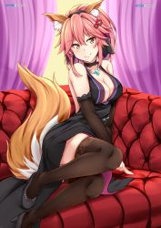 Rule 34 | 10s, 1girl, animal ears, backless dress, backless outfit, bare shoulders, black dress, black footwear, black ribbon, black thighhighs, blush, breasts, brown eyes, chrisandita, cleavage, closed mouth, collaboration, collarbone, commentary request, couch, curtains, detached sleeves, dress, fate/extra, fate (series), fox ears, fox tail, hair between eyes, hair ribbon, high heels, high ponytail, highres, long hair, long sleeves, medium breasts, pink hair, ponytail, ribbon, shoes, smile, smodzz998, solo, tail, tamamo (fate), tamamo no mae (fate/extra), thighhighs