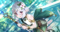 Rule 34 | 1girl, :d, asymmetrical clothes, blush, breasts, brown footwear, collarbone, dappled sunlight, day, detached sleeves, dutch angle, elf, flower, hair between eyes, hair flower, hair ornament, highres, holding, holding polearm, holding spear, holding weapon, keita (kta0), kokkoro (princess connect!), leaf, long sleeves, open mouth, outdoors, path, pointy ears, polearm, pouch, princess connect!, railing, road, sandals, see-through, sidelocks, silver hair, single bare shoulder, small breasts, smile, solo, spear, standing, sunlight, two-tone dress, weapon, white flower, white legwear