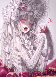 Rule 34 | 1girl, blood, blood bag, bow, elbow gloves, fangs, food, fruit, gloves, hair between eyes, hair ornament, headdress, highres, holding, holding food, holding fruit, knife, lolita fashion, long hair, looking at viewer, open mouth, original, osobachan, pale skin, red eyes, ribbon, simple background, smile, solo, vampire, white background, white hair, white ribbon
