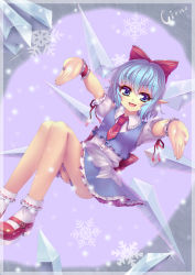 Rule 34 | 1girl, :d, absurdres, bad hands, blue eyes, border, character name, cirno, highres, ice, ice wings, mary janes, open mouth, outstretched arms, pointy ears, shoes, short hair, skirt, smile, snowflakes, solo, sonikey0 0, touhou, wings, wrist cuffs