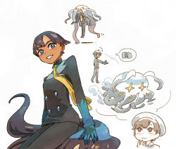 1boy 1girl alternate_hair_length alternate_hairstyle black_hair black_suit blue_eyes blue_gloves brown_hair creatures_(company) dark-skinned_female dark_skin fakemon florian_(pokemon) formal_clothes game_freak geeta_(pokemon) gloves grin hat highres imagining living_hair long_hair long_sleeves looking_at_viewer multiple_views nintendo outstretched_hand pokemon pokemon_sv short_hair smile solo_focus speech_bubble spoken_letter suit thought_bubble very_long_hair white_background ziro_(daydozen)