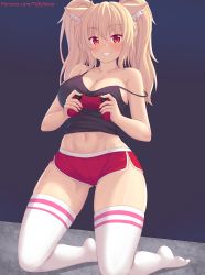 Rule 34 | 1girl, animal ear fluff, animal ears, bare arms, bare shoulders, black shirt, blonde hair, blush, breasts, cat ears, cat girl, cleavage, collarbone, controller, full body, gluteal fold, highres, holding, holding controller, kneeling, large breasts, long hair, looking at viewer, navel, nottytiffy, off shoulder, original, parted lips, red eyes, red shorts, shirt, short shorts, shorts, sleeveless, sleeveless shirt, slit pupils, smile, solo, thighhighs, thighs, tiffy (nottytiffy), twintails, virtual youtuber, white thighhighs
