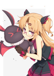 Rule 34 | &gt; &lt;, 1girl, akatsuki uni, bare shoulders, bespectacled, black dress, blonde hair, bow, brown gloves, closed mouth, commentary request, dress, fang, fang out, flying sweatdrops, glasses, gloves, grey background, hair ornament, hairclip, highres, long hair, looking at viewer, ogami kazuki, parted bangs, purple-framed eyewear, purple bow, purple eyes, semi-rimless eyewear, sleeveless, sleeveless dress, smile, solo, two-tone background, two side up, under-rim eyewear, uni create, very long hair, virtual youtuber, white background