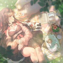 Rule 34 | 1girl, :d, absurdres, animal, animal ears, black collar, black shirt, blanket, book, breasts, brown eyes, brown hair, cleavage, collar, commission, cup, flower, hair flower, hair ornament, highres, leaf, looking at animal, lying, medium breasts, on back, open book, open mouth, original, outdoors, patch oxxo, pig, red flower, shirt, smile, solo, tank top, tea set, teacup, teapot, white flower