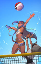 Rule 34 | 2girls, absurdres, armlet, armpits, artistic error, bad reflection, ball, bea (pokemon), beach volleyball, belly chain, bike shorts, bikini, black hair, blue eyes, blue hair, bodysuit, bodysuit under clothes, breasts, creatures (company), dark-skinned female, dark skin, day, game freak, gloves, grey hair, gym leader, hair bun, hairband, highres, jewelry, jumping, long hair, looking up, multicolored hair, multiple girls, navel, necklace, nessa (pokemon), nintendo, open mouth, outdoors, outstretched arms, partially fingerless gloves, peachpa, playing sports, poke ball, pokemon, pokemon swsh, reflection, sandals, short hair, short sleeves, shorts, single glove, single hair bun, sky, sweat, swimsuit, tankini, two-tone hair, volleyball, volleyball (object), volleyball net, water, wristband