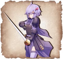Rule 34 | 1girl, ahoge, armor, cowboy shot, cropped legs, faulds, gauntlets, grey thighhighs, hair between eyes, hair ornament, holding, holding sword, holding weapon, long hair, low twintails, mochi (mochi444420), pauldrons, purple eyes, purple hair, short hair with long locks, shoulder armor, solo, standing, sword, thighhighs, twintails, voiceroid, weapon, yuzuki yukari