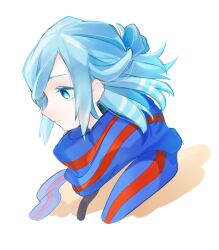 Rule 34 | 1boy, aqua eyes, aqua hair, blue scarf, closed mouth, commentary, creatures (company), game freak, grusha (pokemon), highres, jacket, looking down, male focus, medium hair, nintendo, pokemon, pokemon sv, portrait, scarf, simple background, sketch, smile, solo, striped clothes, striped scarf, symbol-only commentary, ukocome, white background, yellow jacket