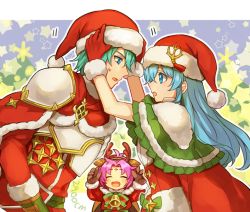 Rule 34 | 1boy, 2girls, :o, ^ ^, adjusting clothes, adjusting headwear, alternate costume, antlers, aqua eyes, aqua hair, armor, artist name, bad id, bad twitter id, bell, blush, bow, brother and sister, brown gloves, cape, capelet, christmas, closed eyes, crossover, eirika (fire emblem), eirika (winter) (fire emblem), ephraim (fire emblem), ephraim (winter) (fire emblem), eye contact, facial mark, fae (fire emblem), fae (winter) (fire emblem), fire emblem, fire emblem: the binding blade, fire emblem: the sacred stones, fire emblem heroes, forehead mark, from side, fur trim, gloves, green capelet, happy, hat, horns, leaning, leaning forward, long hair, long sleeves, looking at another, multiple girls, nana (nanalog76), nintendo, open mouth, pom pom (clothes), purple hair, red cape, red gloves, red hat, reindeer antlers, santa costume, santa hat, short hair, siblings, smile, sweatdrop, twins, white armor