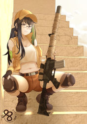 Rule 34 | 1girl, absurdres, assault rifle, baseball cap, black hair, breasts, cleavage, cosplay, crossover, fingerless gloves, fio germi, fio germi (cosplay), girls&#039; frontline, glasses, gloves, green hair, gun, hat, highres, just98, knee pads, m4 carbine, m4a1 (girls&#039; frontline), metal slug, multicolored hair, rifle, round eyewear, shorts, solo, stairs, tank top, two-tone hair, weapon, white tank top