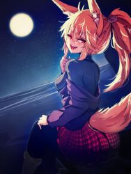 Rule 34 | 1girl, absurdres, animal ears, at2., black pantyhose, blonde hair, blush, borrowed character, breasts, fangs, from behind, full moon, highres, index finger raised, long hair, looking at viewer, medium breasts, moon, night, open mouth, original, outdoors, pantyhose, ponytail, red eyes, smile, solo, tail, teeth, wolf ears, wolf girl, wolf tail