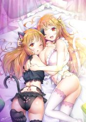 Rule 34 | 1boy, 1girl, ahoge, androgynous, animal ears, ass, bare shoulders, bed, blush, breasts, breasts squeezed together, brother and sister, bulge, cat ears, cat lingerie, cat tail, highres, hug, large breasts, long hair, looking at viewer, looking back, lying, meme attire, natsusora aona, natsusora wakana, novady, on side, on stomach, one eye closed, open mouth, orange eyes, orange hair, original, panties, shiny clothes, shiny skin, siblings, smile, tail, thighhighs, thighs, trap, twins, underwear, wide hips, wince, wink