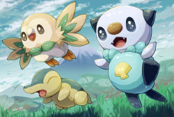 Rule 34 | cloud, commentary request, creatures (company), cyndaquil, day, closed eyes, fangs, game freak, gen 2 pokemon, gen 5 pokemon, gen 7 pokemon, grass, happy, highres, falling leaves, mountain, nintendo, no humans, open mouth, oshawott, outdoors, pokemon, pokemon (creature), rowlet, signature, sky, smile, starter pokemon trio, tanpakuroom, tongue