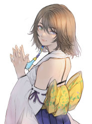 Rule 34 | 1girl, alpaca carlesi, back bow, blue eyes, bow, bra strap, brown hair, detached sleeves, final fantasy, final fantasy x, fingers together, from behind, green eyes, hair ornament, heterochromia, highres, japanese clothes, kimono, looking back, own hands together, short hair, smile, solo, wide sleeves, yuna (ff10)