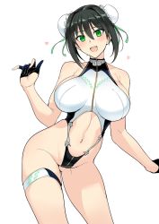 Rule 34 | 1girl, bare shoulders, black gloves, black one-piece swimsuit, blush, breasts, bun cover, center opening, double bun, fate/grand order, fate (series), gloves, green ribbon, hair bun, hair ribbon, halcon, half gloves, highleg, highleg swimsuit, highres, jewelry, large breasts, looking at viewer, navel, neck ring, one-piece swimsuit, open mouth, qin liangyu (fate), ribbon, simple background, smile, swimsuit, thigh strap, thighs, two-tone swimsuit, white background, white one-piece swimsuit