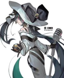 Rule 34 | 1girl, black bow, black gloves, bow, creatures (company), dark green hair, dark miku (project voltage), earrings, extraspiky, game freak, gloves, grin, hat, hat bow, hatsune miku, highres, holding, holding microphone, jewelry, long hair, long skirt, long sleeves, looking at viewer, looking back, luxury ball, microphone, microphone stand, nintendo, poke ball, pokemon, project voltage, red eyes, ring, simple background, skirt, smile, twintails, uneven twintails, very long hair, vocaloid, white background