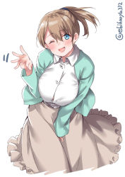 Rule 34 | 1girl, alternate costume, aqua jacket, blue eyes, blush, breasts, brown hair, collared shirt, cowboy shot, ebifurya, grey skirt, hair between eyes, head tilt, highres, huge breasts, intrepid (kancolle), jacket, kantai collection, large breasts, long skirt, long sleeves, looking at viewer, one eye closed, open mouth, parted bangs, ponytail, shirt, short hair, simple background, skirt, smile, solo, standing, white background, white shirt