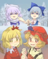 Rule 34 | 4girls, aki minoriko, aki shizuha, autumn leaves, blonde hair, blue dress, blue eyes, blue hair, blush, bow, check commentary, choker, cirno, collared shirt, commentary request, day, dress, forest, grey sky, hair between eyes, hair bow, hair ornament, hat, hat ornament, highres, holding hands, interlocked fingers, laughing, leaf, leaf hair ornament, letty whiterock, light purple hair, long sleeves, looking at viewer, mob cap, multiple girls, nature, nose blush, open mouth, pointing, polearm, red dress, red eyes, ribbon, ribbon choker, sasa kichi, scarf, shaded face, shirt, short hair, siblings, sisters, sky, snow, tearing up, touhou, trident, troll face, watery eyes, wavy mouth, weapon, white scarf, white shirt, yellow eyes, yellow shirt