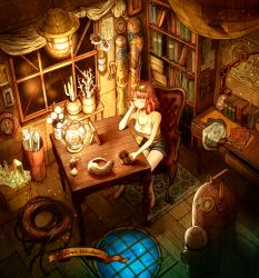 Rule 34 | 1girl, animal, barefoot, belt, book, bookshelf, breasts, brown hair, cactus, ceiling light, chair, crop top, crystal, cup, desk, elbow rest, english text, closed eyes, from above, goggles, goggles on head, head rest, highres, indoors, kuroimori, lamp, map, mug, original, photo (object), picture frame, red hair, rug, shirt, shorts, sitting, smile, table, title, totem, window, wooden floor