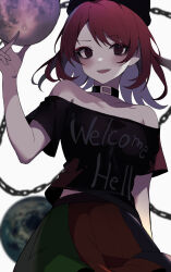 Rule 34 | 1girl, bare shoulders, black choker, black shirt, blush, chain, choker, clothes writing, collarbone, colored inner hair, earth (planet), english text, hecatia lapislazuli, highres, holding moon, holding orb, legacy of lunatic kingdom, long hair, looking at viewer, multicolored clothes, multicolored hair, multicolored skirt, off-shoulder shirt, off shoulder, open mouth, parted bangs, planet, red eyes, red hair, ringed eyes, shirt, short sleeves, skirt, smile, solo, t-shirt, teeth, touhou, upper teeth only, usuuuv, white background