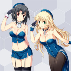 Rule 34 | 10s, 2girls, atago (kancolle), black hair, blonde hair, breasts, playboy bunny, cleavage, female focus, garter straps, kantai collection, large breasts, long hair, looking at viewer, midriff, multiple girls, navel, pantyhose, personification, red eyes, salute, shian (my lonly life.), short hair, strapless, takao (kancolle), wrist cuffs