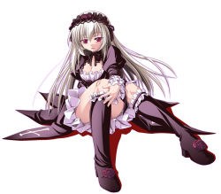 Rule 34 | 00s, 1girl, boots, breasts, cleavage, doll joints, dress, frills, gucchi, hairband, joints, knee boots, long hair, medium breasts, purple eyes, rozen maiden, silver hair, solo, suigintou