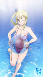 Rule 34 | 1girl, absurdres, artist name, bare shoulders, beach, bikini, blonde hair, blush, breasts, brown eyes, fairy tail, full body, hair ribbon, highres, keihh, large breasts, long hair, looking at viewer, lucy heartfilia, navel, one eye closed, ribbon, smile, standing, sunlight, swimsuit, water