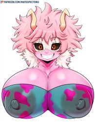 Rule 34 | 1girl, ashido mina, black sclera, boku no hero academia, breasts, collarbone, colored sclera, colored skin, highres, horns, huge breasts, large areolae, mask, mato spectoru, nipple piercing, nipples, piercing, pink hair, pink skin, smile, solo, white background, yellow eyes