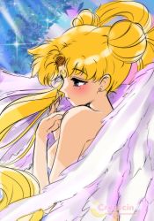 Rule 34 | 1girl, angel wings, bishoujo senshi sailor moon, blonde hair, blue background, blue eyes, blush, breasts, crescent, crescent facial mark, cresscin, double bun, earrings, facial mark, hair bun, highres, jewelry, long hair, medium breasts, nude, sparkle, standing, tsukino usagi, twintails, upper body, wings