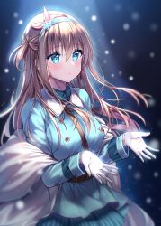 Rule 34 | 1girl, bad id, bad pixiv id, belt, between breasts, blue eyes, blue hairband, blue skirt, breasts, brown hair, buttons, clming, fur collar, girls&#039; frontline, gloves, hairband, highres, jacket, long hair, long sleeves, open hand, outstretched hand, skirt, snow, snowflake ornament, solo, strap between breasts, striped clothes, striped skirt, suomi (girls&#039; frontline), white gloves, white jacket