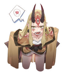 Rule 34 | 1girl, anger vein, angry, blonde hair, breasts, collarbone, cropped legs, earrings, facial mark, fang, fate/grand order, fate (series), forehead mark, highres, hit-kun, horns, ibaraki douji (fate), japanese clothes, jewelry, kimono, leaning forward, long hair, looking at viewer, oni, oni horns, open mouth, pointy ears, short kimono, simple background, small breasts, solo, tattoo, teeth, white background, wide sleeves, yellow eyes, yellow kimono