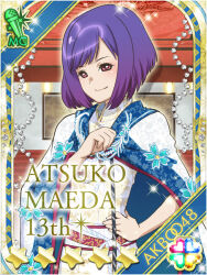 1girl akb0048 card_(medium) character_name chinese_clothes closed_mouth copyright_name cowboy_shot hand_on_own_hip heart looking_at_viewer maeda_atsuko_(akb0048) medium_hair non-web_source official_art purple_eyes purple_hair smile solo sparkle standing star_(symbol) three_quarter_view