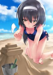 Rule 34 | 10s, 1girl, beach, black hair, blue one-piece swimsuit, blush, breasts, brown eyes, day, flag, full body, girls und panzer, highres, mini flag, ocean, one-piece swimsuit, outdoors, reizei mako, rin2008, sky, small breasts, solo, swimsuit, white flag