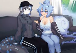 Rule 34 | 2girls, breasts, cleavage, commission, commissioner upload, dela (teuthidan), goop (teuthidan), grey sweater, hat, heterochromia, highres, lizard tail, multiple girls, original, sitting, snail girl, snail shell, sweater, tail, tank top, twibli1