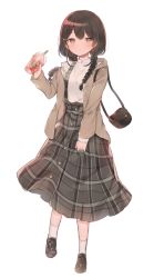 Rule 34 | 1girl, alternate hairstyle, bag, blouse, blue eyes, blush, braid, brown jacket, casual, cup, disposable cup, drinking straw, food, full body, hair ornament, hairclip, handbag, highres, jacket, jewelry, light smile, long skirt, low twintails, mochi (motimotiru), necklace, nijisanji, plaid, plaid skirt, shirt, shoes, simple background, skirt, socks, solo, standing, suspenders, tsukino mito, twin braids, twintails, virtual youtuber, white background, white shirt, white socks