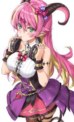 Rule 34 | 1girl, athenawyrm, blonde hair, blush, bow, breasts, chest harness, colored inner hair, commentary, cowboy shot, demon horns, demon tail, green eyes, hair between eyes, hair bow, harness, headphones, headphones around neck, heart pendant, highres, hololive, horns, long hair, looking at viewer, mano aloe, medium breasts, multicolored hair, nail polish, pink hair, pointy ears, purple skirt, shirt, simple background, skindentation, skirt, sleeveless, solo, streaked hair, tail, thighs, tongue, tongue out, two-tone hair, virtual youtuber, white background, white shirt, wing collar, wrist cuffs