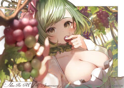 Rule 34 | 1girl, anniversary, blurry, blurry foreground, breasts, cleavage, copyright request, covering own mouth, dated, dress, food, fruit, grapes, green hair, grey eyes, large breasts, long sleeves, looking at viewer, medium hair, outdoors, ryota (ry o ta), shadow, solo, tree, upper body, white dress, white nails
