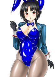Rule 34 | 1girl, adapted costume, animal ears, black gloves, black hair, blue bow, blue bowtie, blue jacket, blue leotard, bow, bowtie, breasts, detached collar, gloves, grey pantyhose, horse ears, horse tail, jacket, kantai collection, kudou (ooabareteng), large breasts, leotard, military jacket, open clothes, open jacket, pantyhose, playboy bunny, rabbit ears, red eyes, simple background, solo, strapless, strapless leotard, tail, takao (kancolle), white background