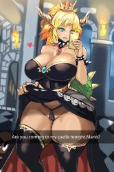 Rule 34 | 1girl, amano cigusa, armlet, bare shoulders, black dress, black panties, black thighhighs, blonde hair, blue eyes, blush, bow, bow panties, bowsette, bracelet, breasts, cellphone, cleavage, cleft of venus, clothes lift, collar, commentary request, crown, curvy, dress, dress lift, english text, fake phone screenshot, fake screenshot, goomba, heart, highres, horns, huge breasts, jewelry, mario (series), nail polish, new super mario bros. u deluxe, nintendo, open mouth, panties, phone, see-through, selfie, smartphone, smile, snapchat, solo focus, spiked bracelet, spiked collar, spikes, super crown, thick thighs, thighhighs, thighs, turtle shell, underwear, wide hips